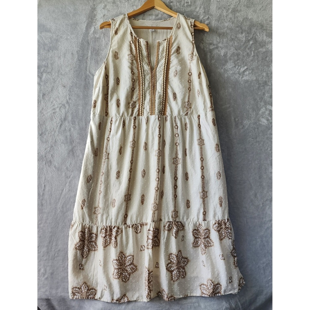 J. Jill Dress Womens Size 1X Tiered Boho Floral Lace Pockets Cream Cotton Midi - Picture 2 of 12